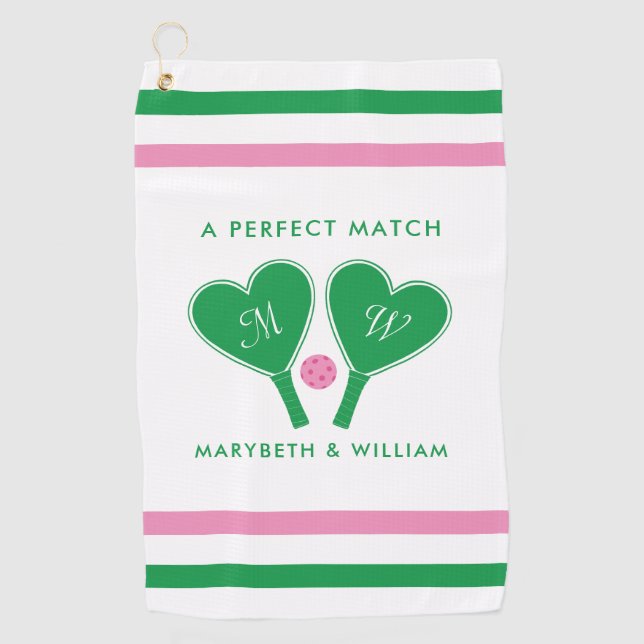 Preppy Green and Pink Wedding Pickleball Golf Towel (Front)