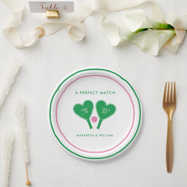 Preppy Green and Pink Wedding Pickleball Paper Plates (Wedding)