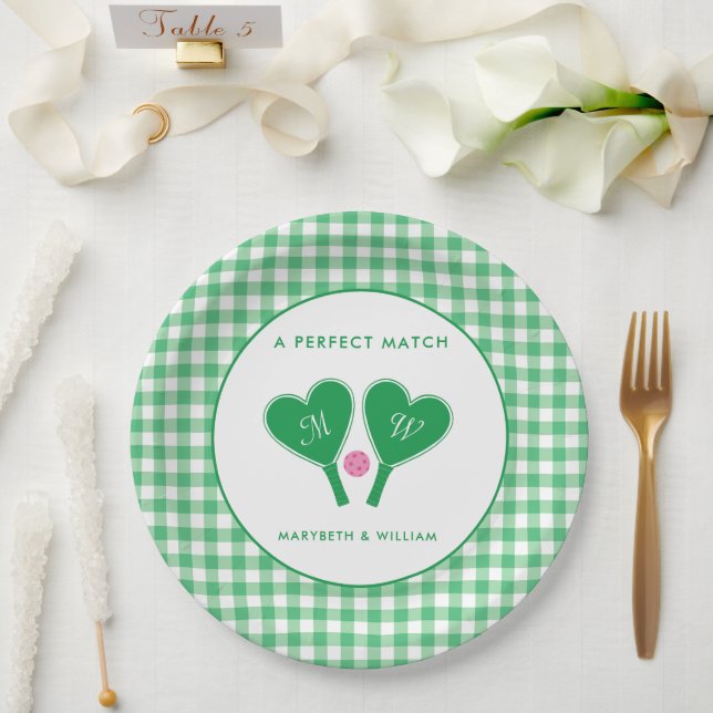 Preppy Green and Pink Wedding Pickleball Paper Plates (Wedding)