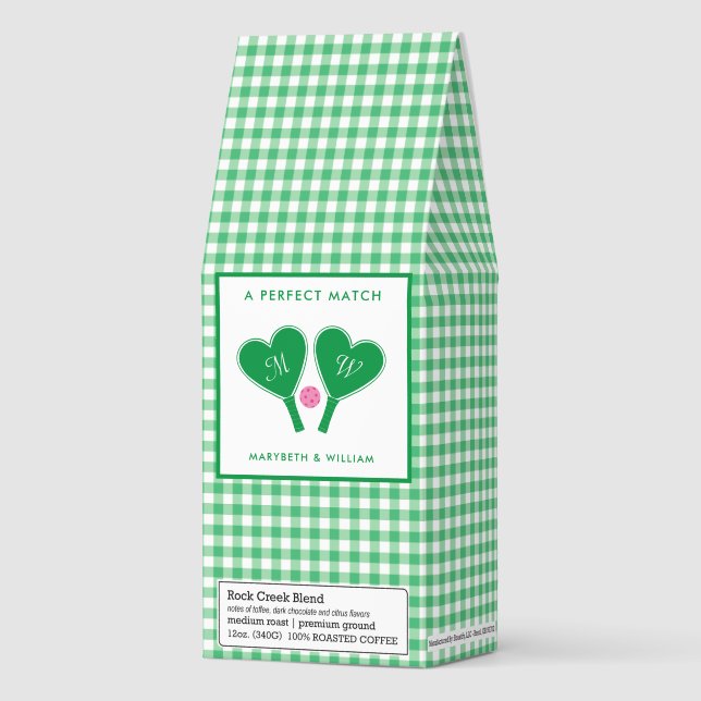 Preppy Green and Pink Wedding Pickleball Roasted Coffee (Front)