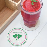 Preppy Green and Pink Wedding Pickleball Round Paper Coaster<br><div class="desc">These custom paper coasters are perfect for bachelorette parties, couples showers, weddings and more with a pickleball theme. These plates feature illustrations of heart shaped pickleball paddles and a pickleball and are ready to be customized with your own headline, initials on the paddles and full names below all with a...</div>