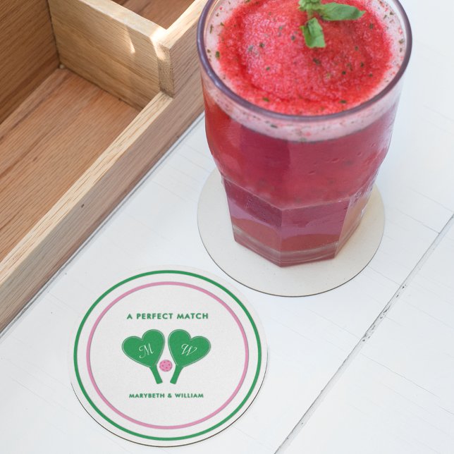 Preppy Green and Pink Wedding Pickleball Round Paper Coaster (Creator Uploaded)