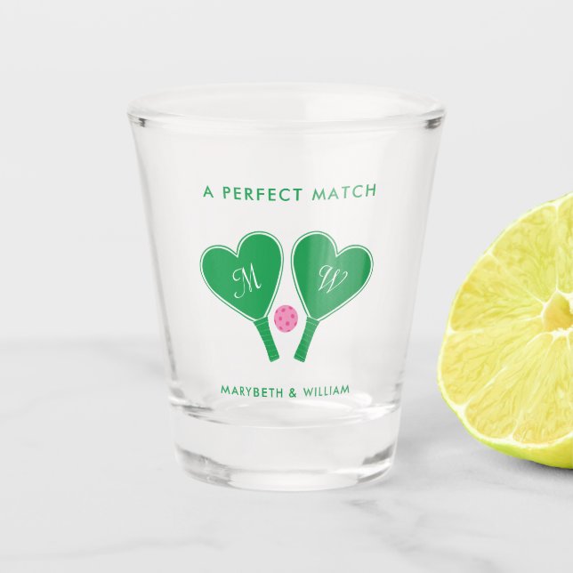 Preppy Green and Pink Wedding Pickleball Shot Glass (Front)