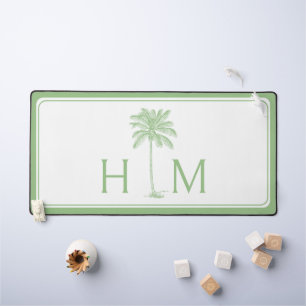Preppy Green and White Palm Palmetto Tree Monogram Desk Mat