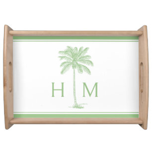 Preppy Green and White Palm Palmetto Tree Monogram Serving Tray