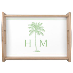 Preppy Green and White Palm Palmetto Tree Monogram Serving Tray