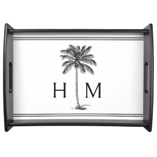 Preppy Green and White Palm Palmetto Tree Monogram Serving Tray