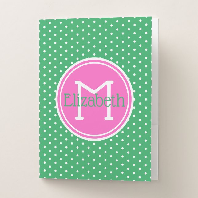 Preppy Green and White Polka Dots Pink Monogram Pocket Folder (Front)