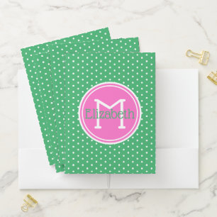 Preppy Green and White Polka Dots Pink Monogram Pocket Folder