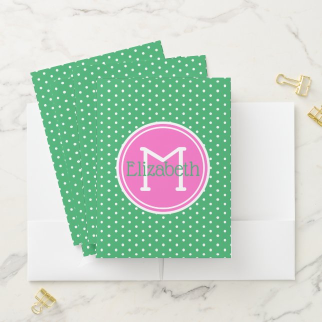 Preppy Green and White Polka Dots Pink Monogram Pocket Folder (In Situ)