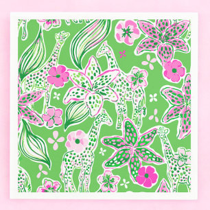 Preppy Green Giraffe Lily Floral Party Napkins