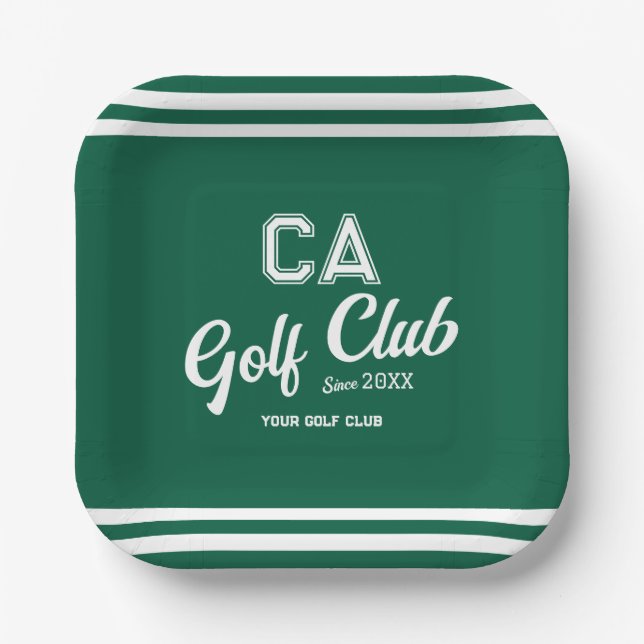 Preppy Green Golf Club Custom Crest Party Paper Plates (Front)