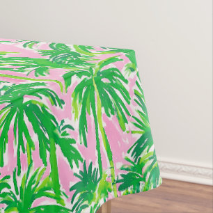 Preppy Green Palm Tree Pink Tropical Coastal Tablecloth
