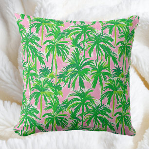 Preppy Green Palm Tree Pink Tropical Coastal Throw Pillow
