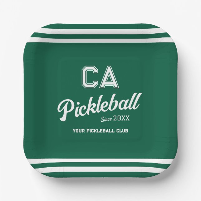 Preppy Green Pickleball Club Custom Crest Party Paper Plates (Front)