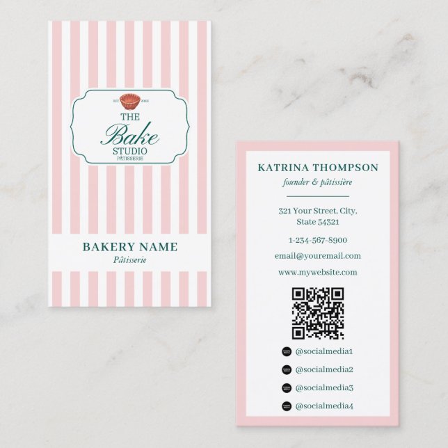 Preppy Green & Pink Stripes Bakery Logo QR Code Business Card (Front/Back)