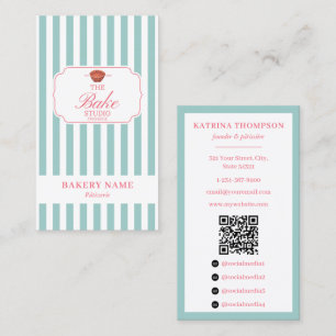 Preppy Green & Pink Stripes Bakery Logo QR Code Business Card