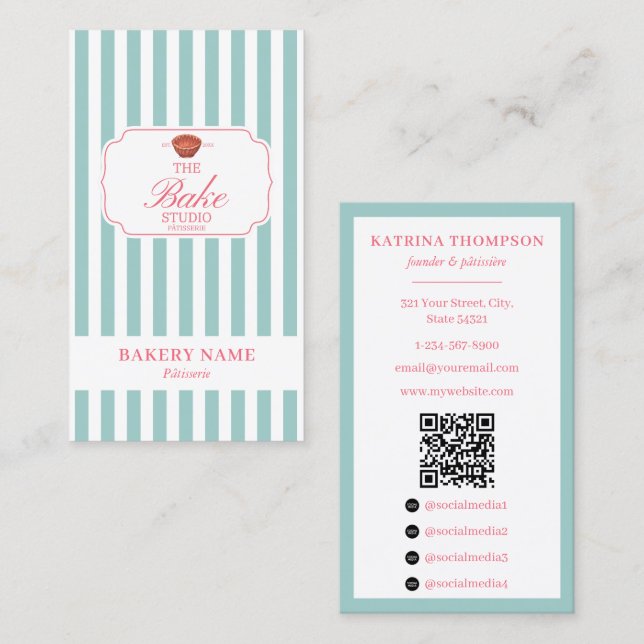 Preppy Green & Pink Stripes Bakery Logo QR Code Business Card (Front/Back)