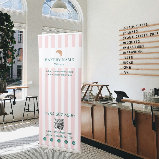 Preppy Green & Pink Stripes Bakery Logo QR Code Retractable Banner (Preppy Green & Pink Stripes Bakery Logo QR Code Retractable Banner)