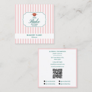 Preppy Green & Pink Stripes Bakery Logo QR Code Square Business Card