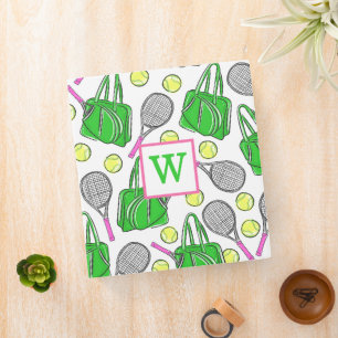 Preppy Green Pink Tennis Racquet Bag Balls Initial 3 Ring Binder