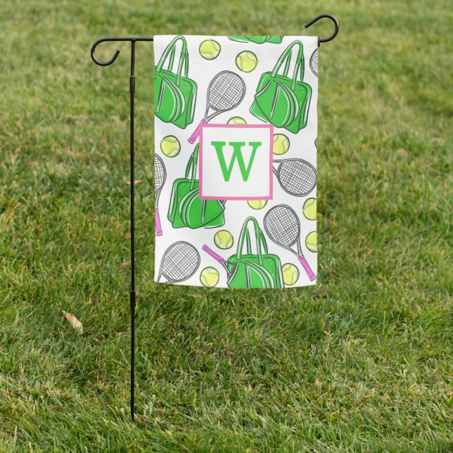 Preppy Green Pink Tennis Racquet Bag Balls Initial Garden Flag (In SItu)