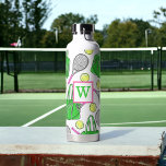 Preppy Green Pink Tennis Racquet Bag Balls Initial Water Bottle<br><div class="desc">This monogram green tennis water bottle with tennis racquets and tennis balls patterned water bottle is a great gift for a tennis player. The tennis design with green tennis bags,  pink handled racquets,  and yellow tennis balls can be found on other items in my store,  PageCreativeDesigns.</div>