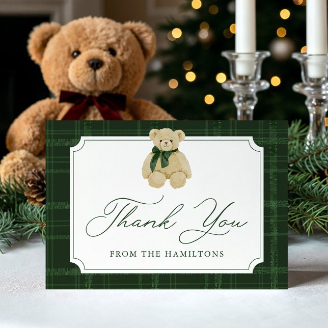 Preppy Green Plaid Teddy Bear Baby Shower Thank You Card (Creator Uploaded)