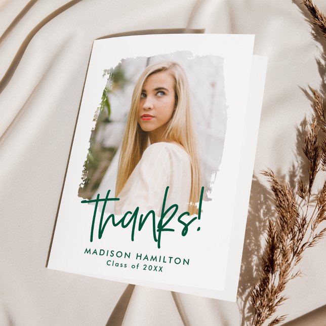 Preppy Green Script Photo Graduation Letterpress Thank You Card (Creator Uploaded)