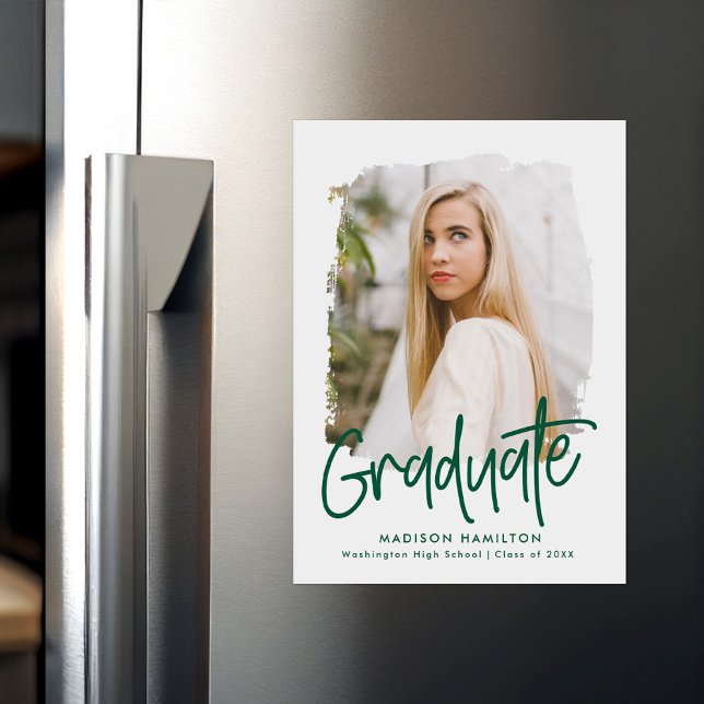 Preppy Green Script Photo Graduation Magnetic Invitation (Creator Uploaded)
