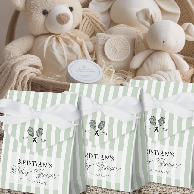 Preppy Green Stripes Baby Shower Tennis Theme Favor Boxes (elegant green stripes tennis theme chic sports baby shower favor boxes for gifts prizes events bows)