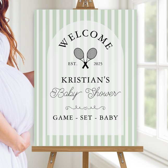 Preppy Green Tennis Baby Shower Welcome Sign (Elegant green and white striped baby shower welcome sign for tennis lovers displayed on easel)