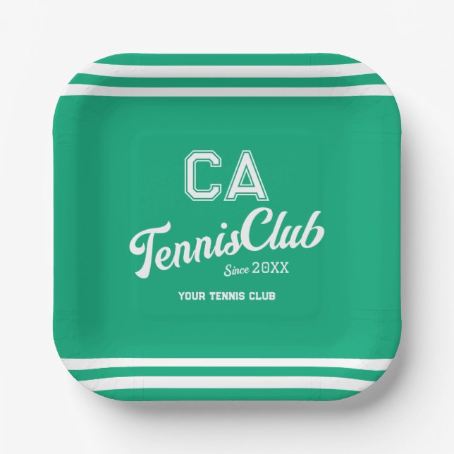 Preppy Green Tennis Club Custom Crest Party Paper Plates (Front)
