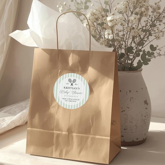 Preppy Green Tennis Theme Chic Baby Shower Classic Round Sticker (elegant green and white striped tennis theme baby shower stickers for country club preppy events)