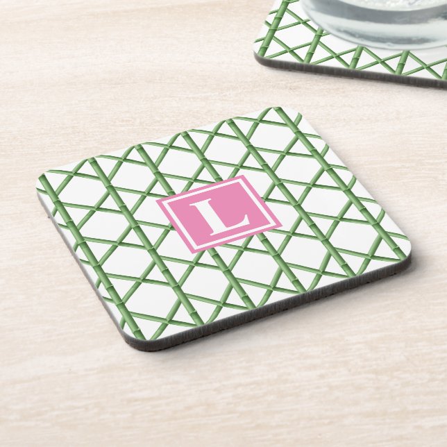 Preppy Green Trellis Bamboo Pattern Monogram Beverage Coaster (Left Side)
