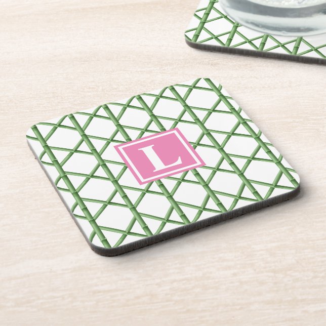 Preppy Green Trellis Bamboo Pattern Monogram Beverage Coaster (Left Side)