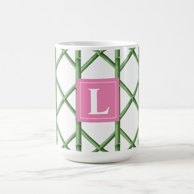 Preppy Green Trellis Bamboo Pattern Monogram Coffee Mug (Center)