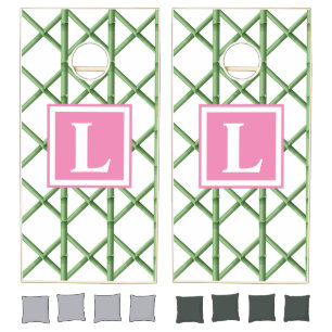 Preppy Green Trellis Bamboo Pattern Monogram Cornhole Set