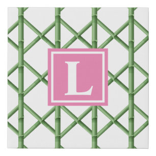 Preppy Green Trellis Bamboo Pattern Monogram Faux Canvas Print
