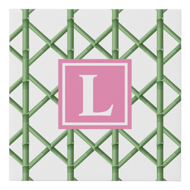 Preppy Green Trellis Bamboo Pattern Monogram Faux Canvas Print (Front)