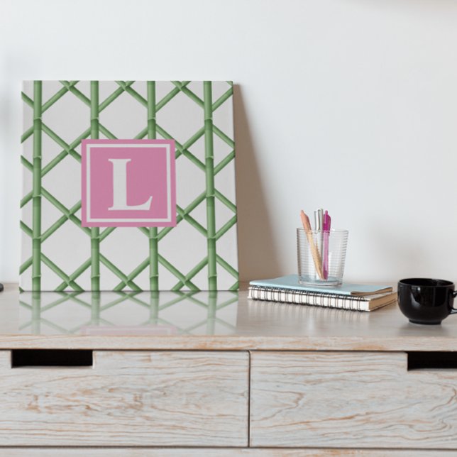 Preppy Green Trellis Bamboo Pattern Monogram Faux Canvas Print (Creator Uploaded)