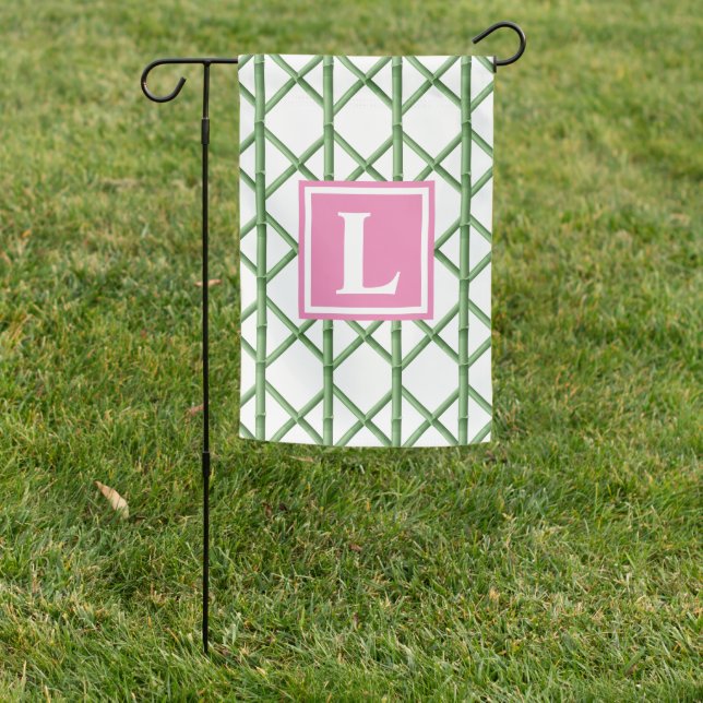Preppy Green Trellis Bamboo Pattern Monogram Garden Flag (In SItu)