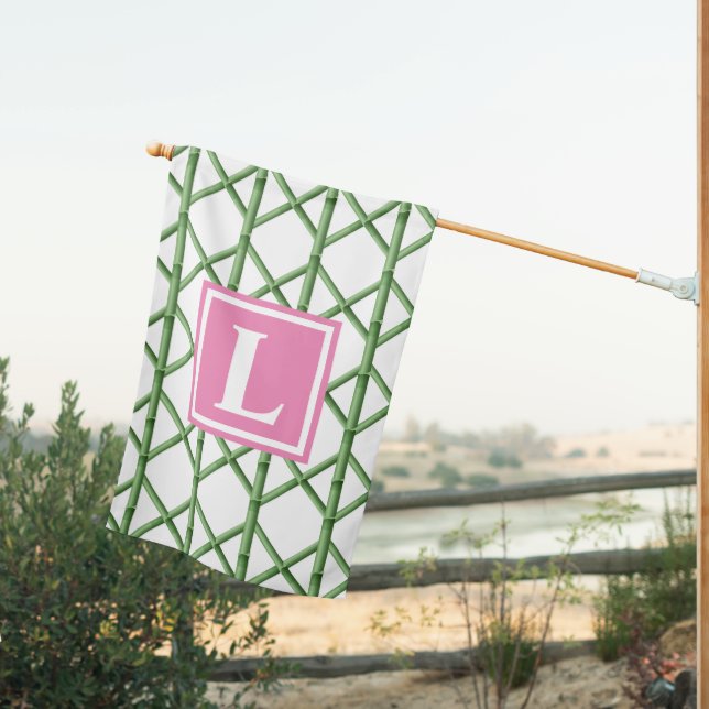 Preppy Green Trellis Bamboo Pattern Monogram House Flag (Insitu (Back))