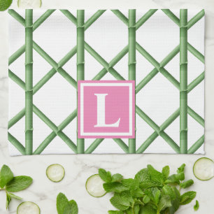 Preppy Green Trellis Bamboo Pattern Monogram Kitchen Towel
