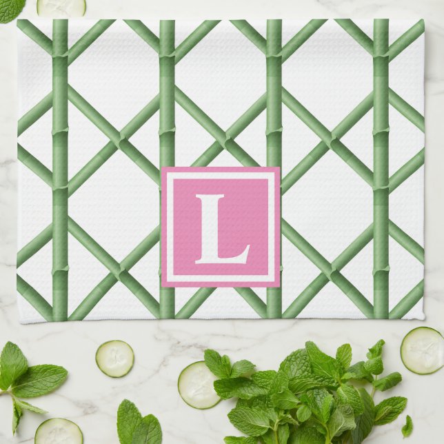 Preppy Green Trellis Bamboo Pattern Monogram Kitchen Towel (Folded)