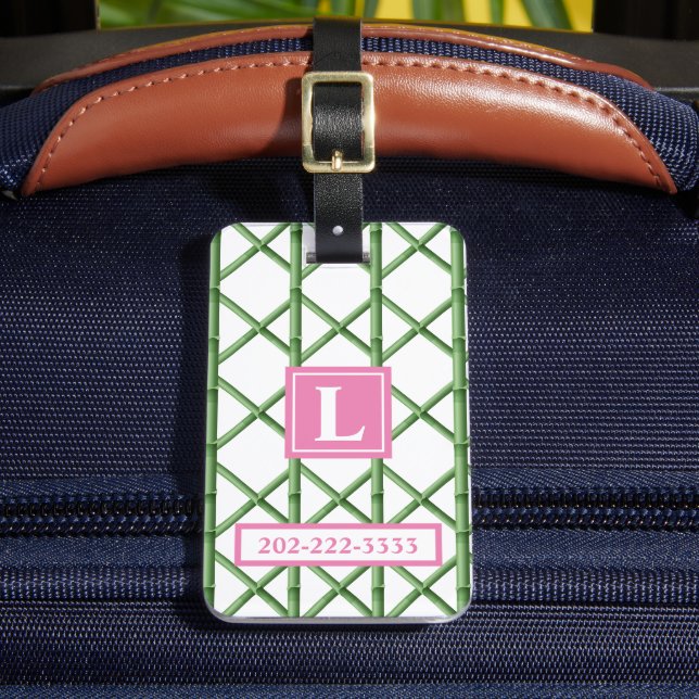 Preppy Green Trellis Bamboo Pattern Monogram Luggage Tag (Front Insitu 2)