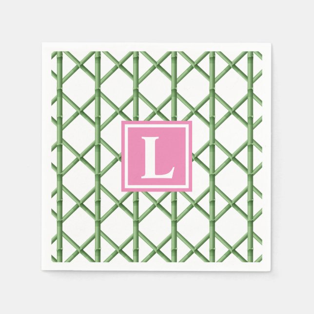 Preppy Green Trellis Bamboo Pattern Monogram Napkins (Front)