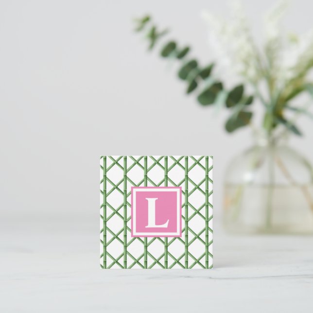 Preppy Green Trellis Bamboo Pattern Monogram Note Card (Standing Front)