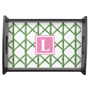 Preppy Green Trellis Bamboo Pattern Monogram Serving Tray