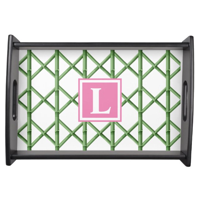 Preppy Green Trellis Bamboo Pattern Monogram Serving Tray (Front)